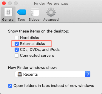 Show external disks on the Mac desktop